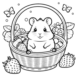 Süßer Kawaii-Hamster im Erdbeerkorb Bastelmotiv für mutige Blütenfreunde