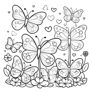 Verspielte Kawaii-Schmetterlinge auf Blumenwiese Ausmalvorlage für mutige Gartenfreunde
