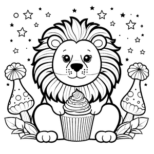 Verspielter Löwe mit Cupcake Ausmalbild für kleine Naschkatzen