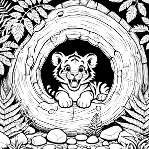 Neugieriges Säbelzahntiger-Baby im Baumstamm Malvorlage für malfreudige Waldfreunde