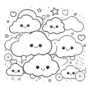 Verspielte Kawaii-Wolken mit Sternen Ausmalbild für Himmelsfreunde