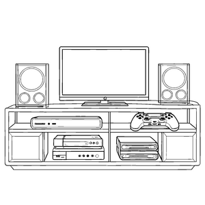 Umfangreiches Heimkino mit Spielekonsolen-Ausmalvorlage für junge Gamingfans