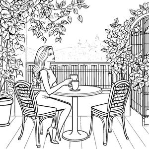 Ruhige Frau mit Tasse auf der Terrasse Malvorlage für Kaffeeliebhaber