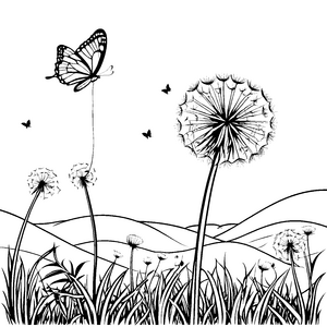 Zauberhafte Pusteblumen mit Schmetterling Ausmalbild für kleine Naturfreunde