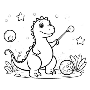 Magischer Kawaii Dinosaurier mit Zauberstab Malbild für malfreudige Weltraumträumer