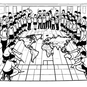 Abenteuerliche Weltkarte im Klassenzimmer Malvorlage für kreative Landkartenzeichner