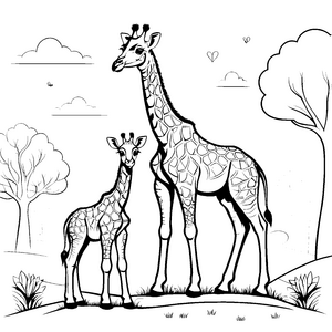 Verspielte Giraffenjungtiere mit Herzen Ausmalbild für fröhliche Naturfreunde