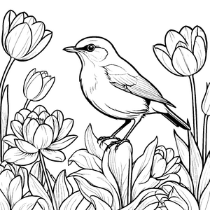 Zierlicher Vogel auf Tulpen Bastelmotiv für kleine Blütenliebhaber
