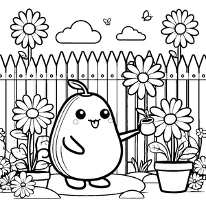 Niedliche Kawaii Avocado im Blumenbeet Bastelvorlage für Gartenfreunde