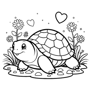 Herzliche Kawaii Schildkröte mit Blumen Malbild für kleine Naturfreunde