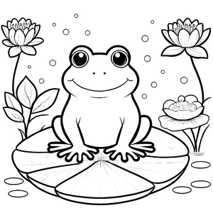 Verspielter Kawaii-Frosch auf Seerose Malbild für mutige Wasserbewohner