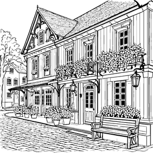 Prachtvolle Taverne mit Blumenkästen Ausmalvorlage für verträumte Gaststättengäste