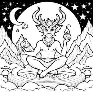 Meditativer Teufel auf Wolke Malvorlage für malfreudige Himmelsreisende