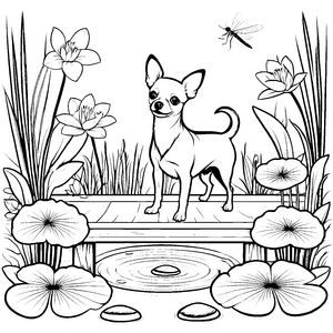 Mutiger Chihuahua auf dem Holzsteg Malbild für Wasserforscher