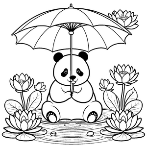 Ruhiger Panda mit Seerosen Ausmalbild für kleine Wassergeister