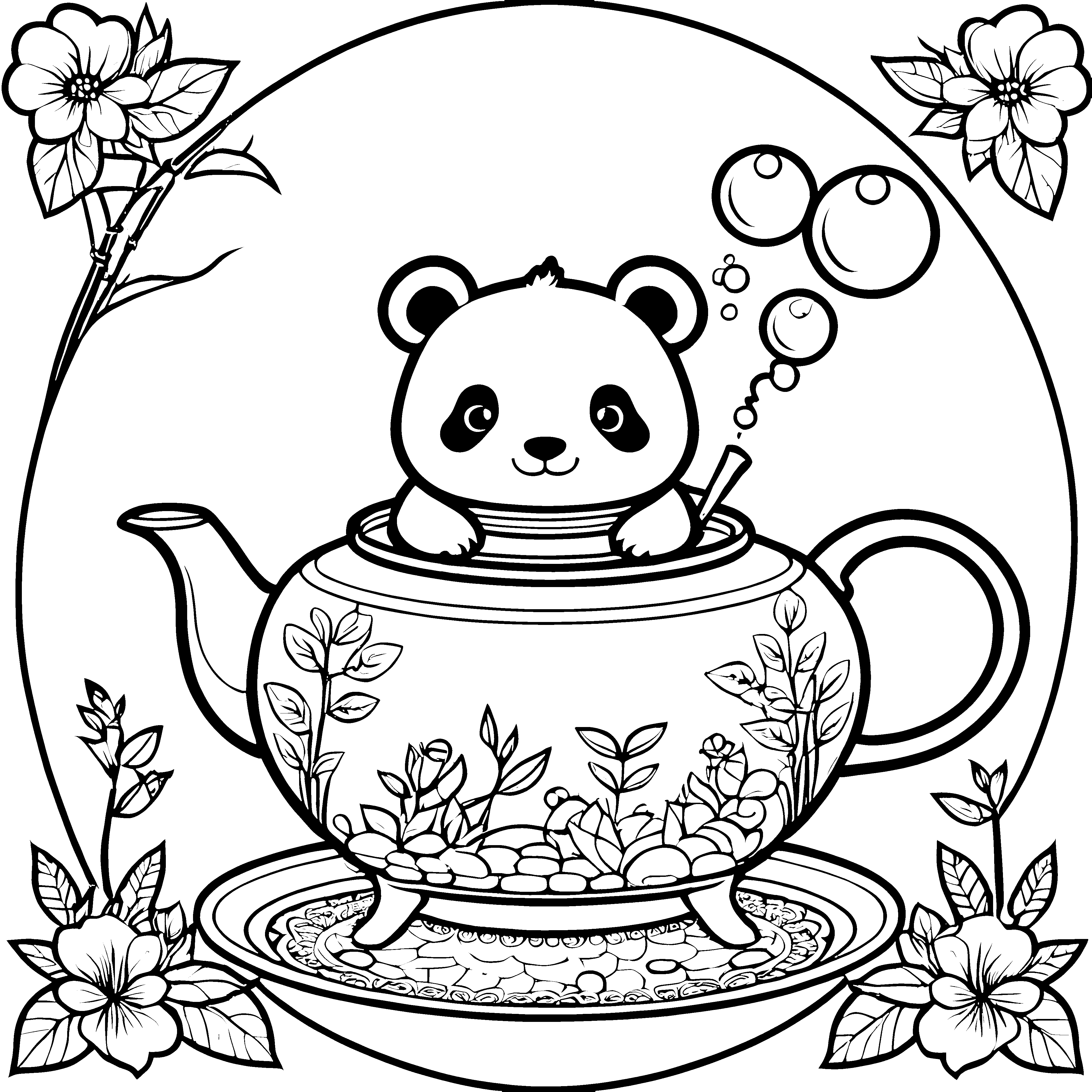 Bezauberter Panda in Teekanne Ausmalvorlage für kleine Teegäste