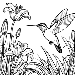 Eleganter Kolibri über Lilien Ausmalbild für Blumenliebhaber