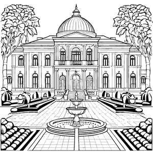 Majestätische Villa mit Springbrunnen Ausmalbild für kreative Gartenfreunde