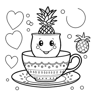 Niedliche Kawaii Ananas in Teetasse Ausmalvorlage für Teeträumer