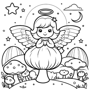 Niedlicher Kawaii Engel auf Pilzen Malbild für malfreudige Sternenfreunde