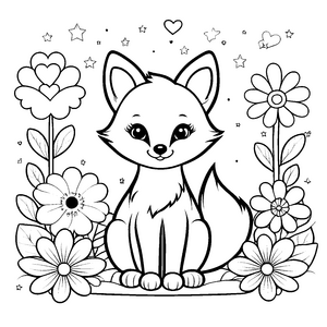 Verspielter Kawaii-Fuchs mit Blumen und Sternen Bastelmotiv für kleine Blumenfans