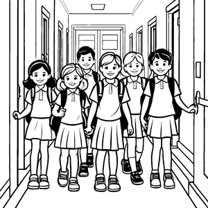 Fröhliche Schulkinder mit Rucksäcken Ausmalvorlage für junge Schulgemeinschaften