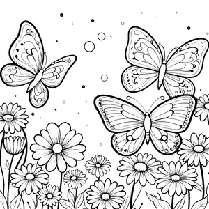 Fröhliche Kawaii Schmetterlinge auf Blumenwiese Malbild für neugierige Wiesenfreunde
