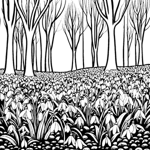 Zauberhafte Schneeglöckchenwiese im Wald Malvorlage für kleine Naturfreunde