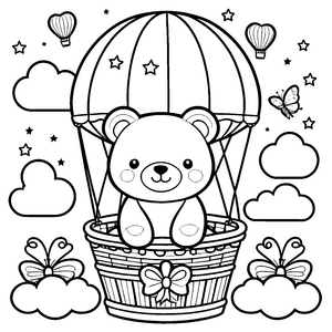 Verzauberter Kawaii Teddybär im Heißluftballon Malvorlage für junge Wolkenreiseträume
