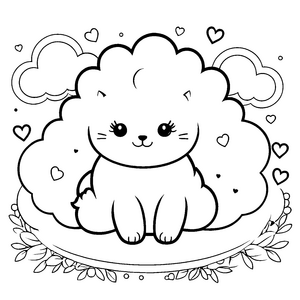 Flauschiges Kätzchen in Kawaii-Wolke Ausmalbild für junge Wolkenbewohner