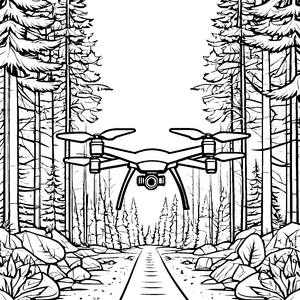 Technische Drohne im Nadelwald Malbild für kreative Waldläufer