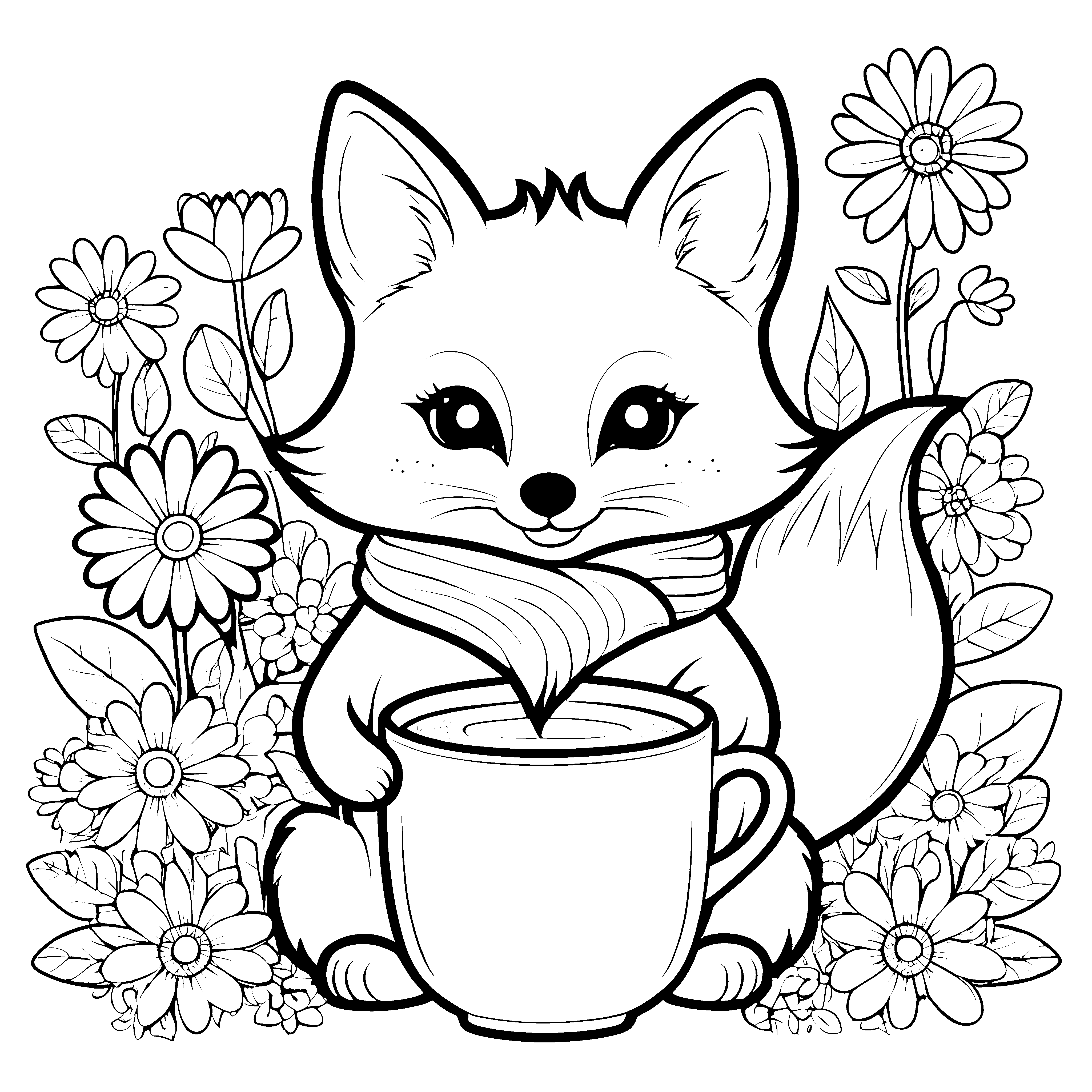 Niedlicher Kawaii-Fuchs mit Schal und Tasse Bastelmotiv für junge Blumenfreunde