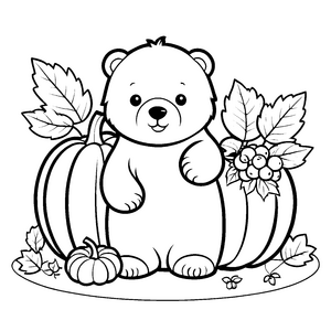 Herzlicher Kawaii Eisbär mit Kürbissen Malbild für Herbstfreunde