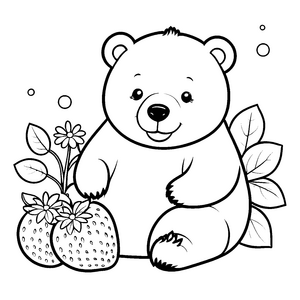 Niedlicher Kawaii-Eisbär mit Erdbeeren Malvorlage für neugierige Fruchtfreunde