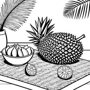 Exotische Durian mit Ananas Ausmalvorlage für fröhliche Tropenfreunde