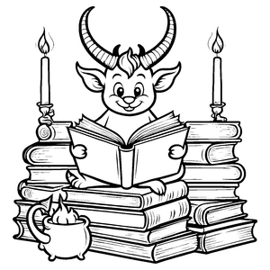 Wissbegieriger Teufel mit Büchern Malbild für junge Wissensdurstige