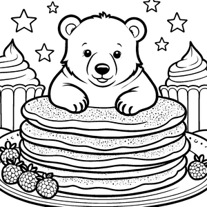 Verspielter Kawaii-Eisbär mit Pfannkuchen-Malbild für mutige Naschfreunde
