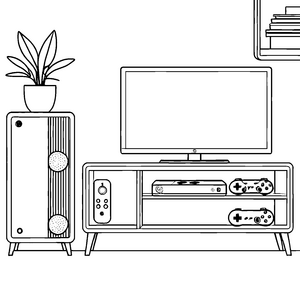 Technisches Gaming-Setup mit Controllern Ausmalvorlage für mutige Technikbegeisterte
