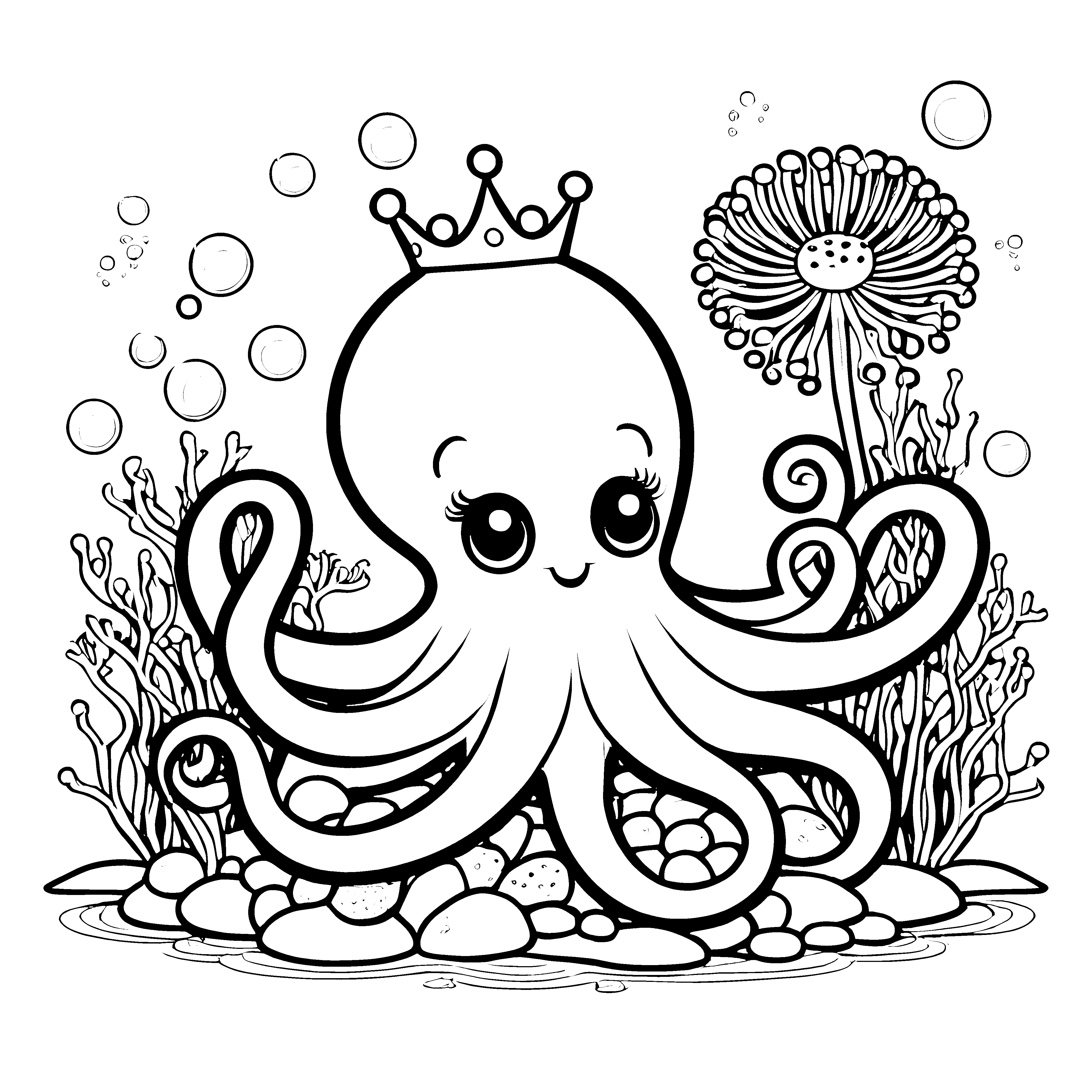 Prinzessinnenhafter Oktopus mit Krone Malbild für verträumte Meeresbewohner