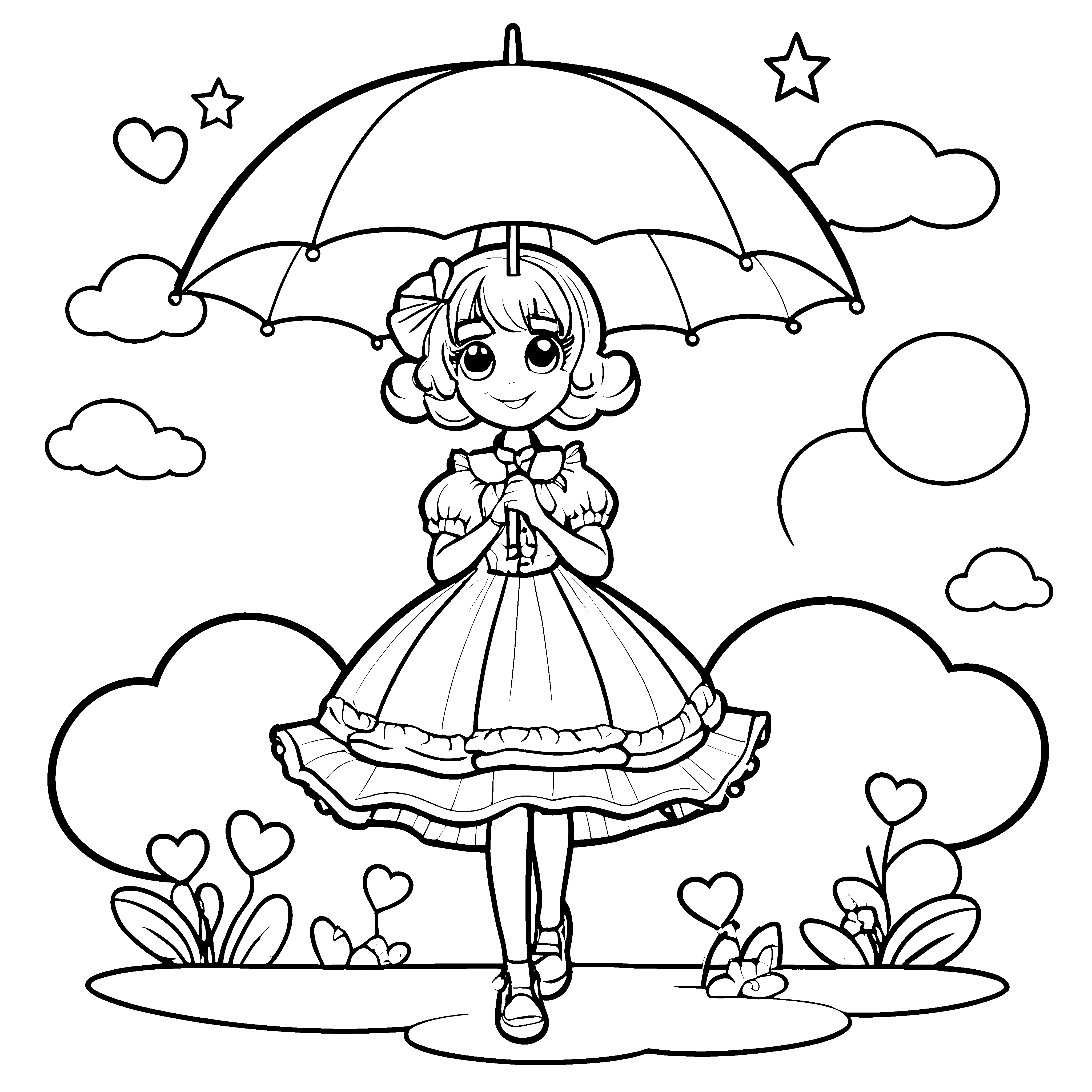 Niedliches Kawaii-Manga-Mädchen mit Regenschirm Malbild für kreative Wolkenschauer