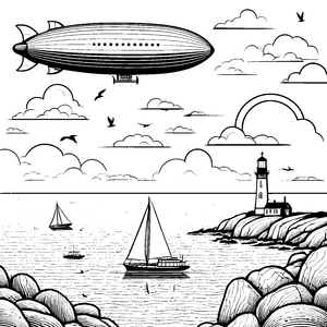 Große Zeppeline über Leuchtturm Malbild für fröhliche Meeresforscher