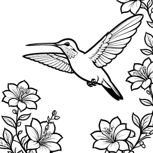 Lebhafter Kolibri zwischen großen Blüten Malbild für kleine Gartenstaatsminister