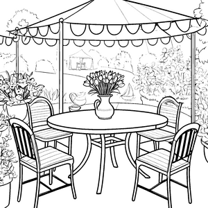 Gemütlicher ovaler Tisch mit Blumenvase Malvorlage für kleine Gartenliebhaber