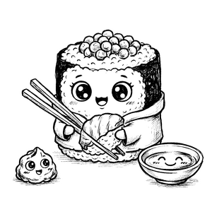 Sushi mit Stäbchen Ausmalbild