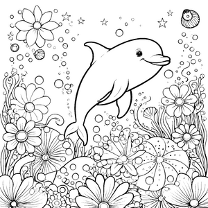 Verspielte Kawaii-Delfin mit Seepocken Malvorlage für Wasserfreunde