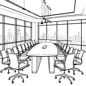 Großer Konferenztisch mit Skyline-Blick Bastelvorlage für geschäftige Stadtplaner