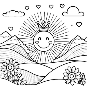 Glückliche Kawaii-Sonne mit Krone Ausmalvorlage für neugierige Blumenkinder