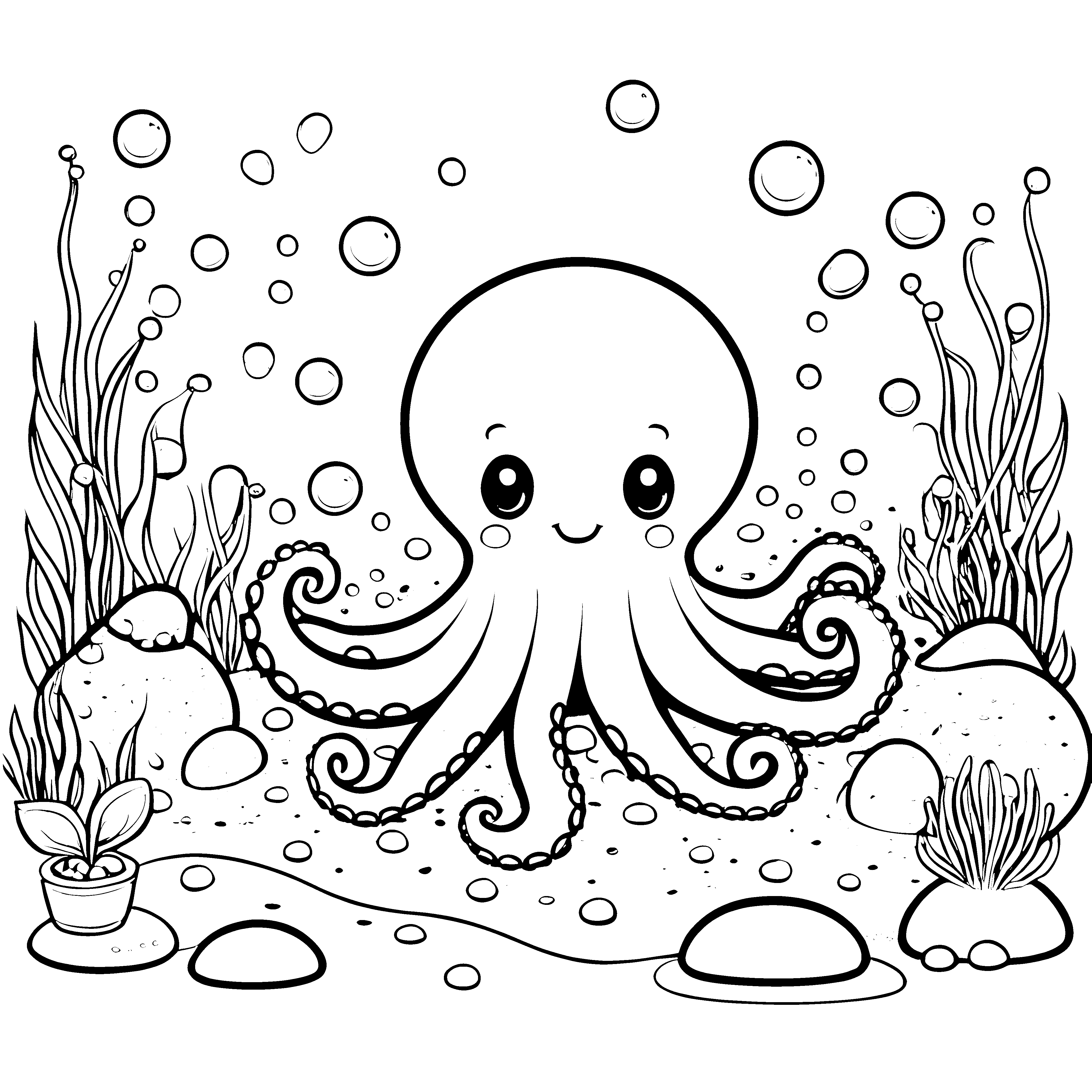 Herzlicher Oktopus mit Luftblasen Ausmalbild für malfreudige Unterwasserfreunde