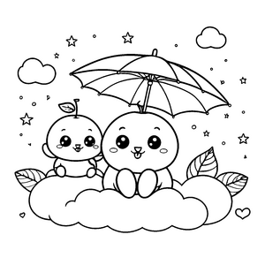 Niedliche Kawaii-Kirschen mit Regenschirm Ausmalbild für verträumte Wolkenkinder