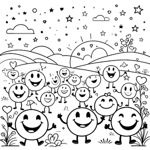 Lebhafte Smileys mit Herzen Ausmalbild für junge Naturfreunde